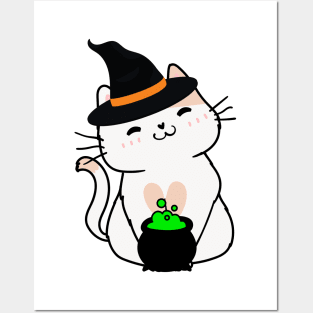 Cute white cat is a witch Posters and Art